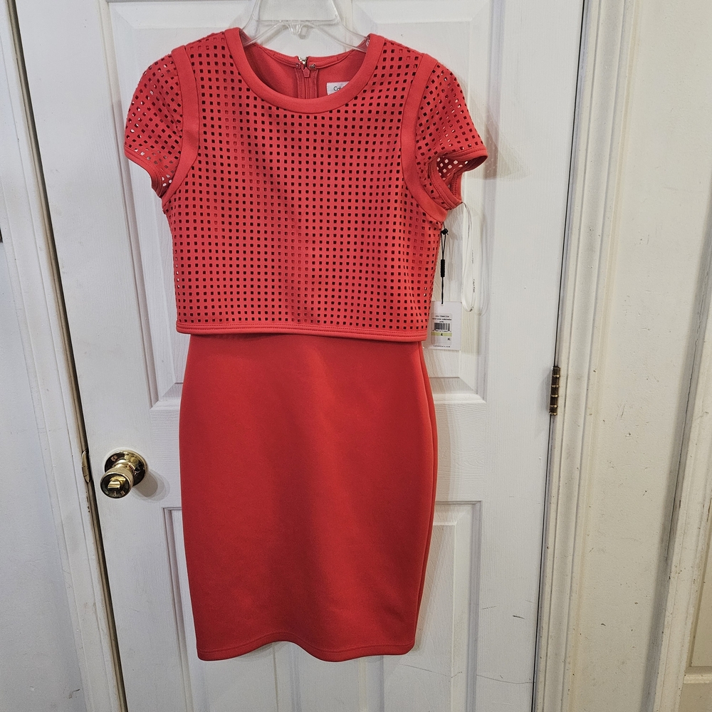 Calvin Klein Red Short Sleeve Layered Sheath Dress